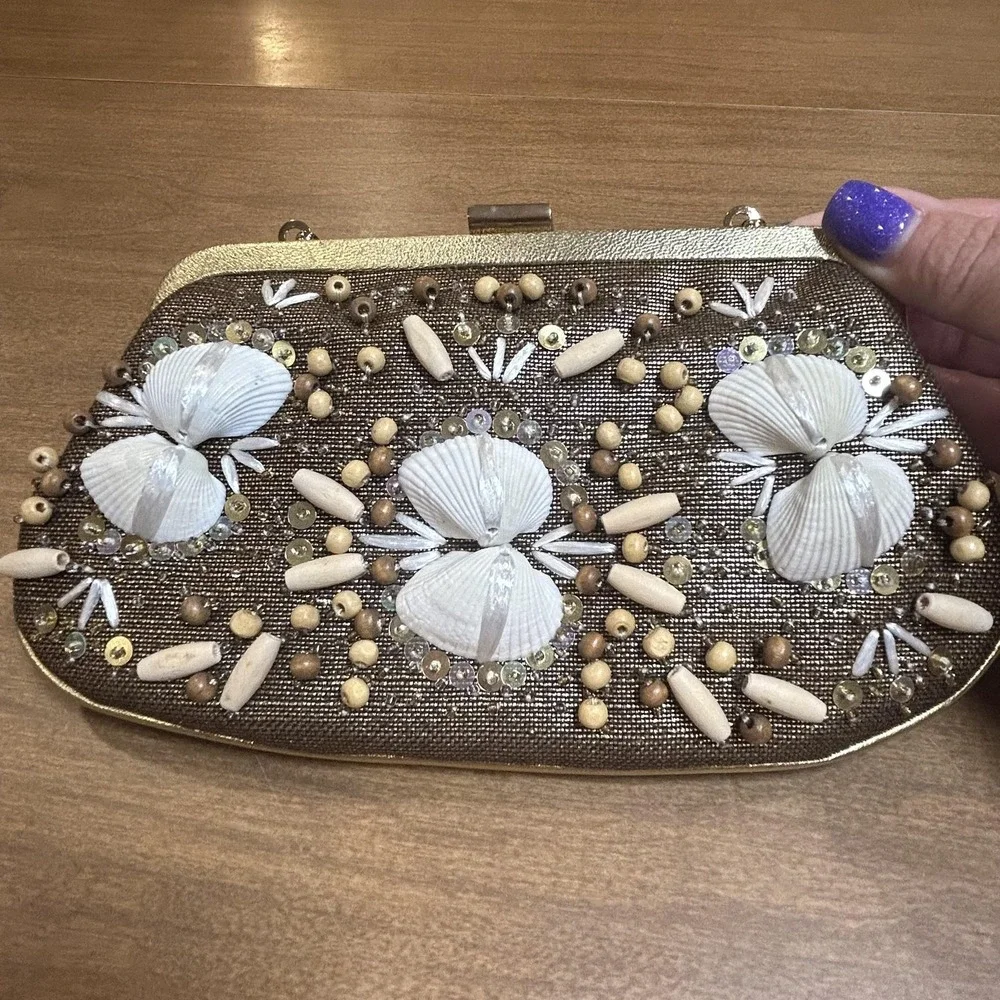 Rafe Clutch‎ Bag Womens Small Brown Straw Shell Beaded Chain Beach Purse